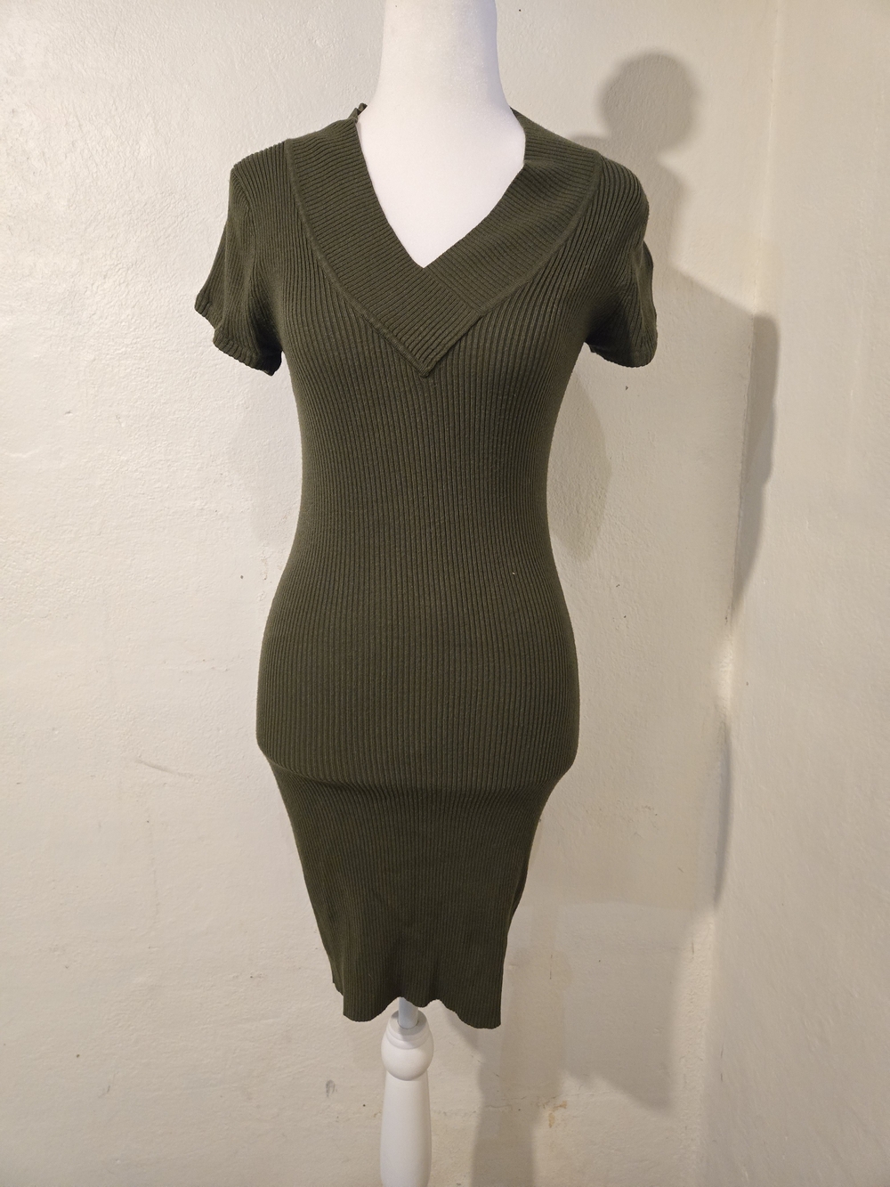 Olive Ribbed V-Neck Knit Dress